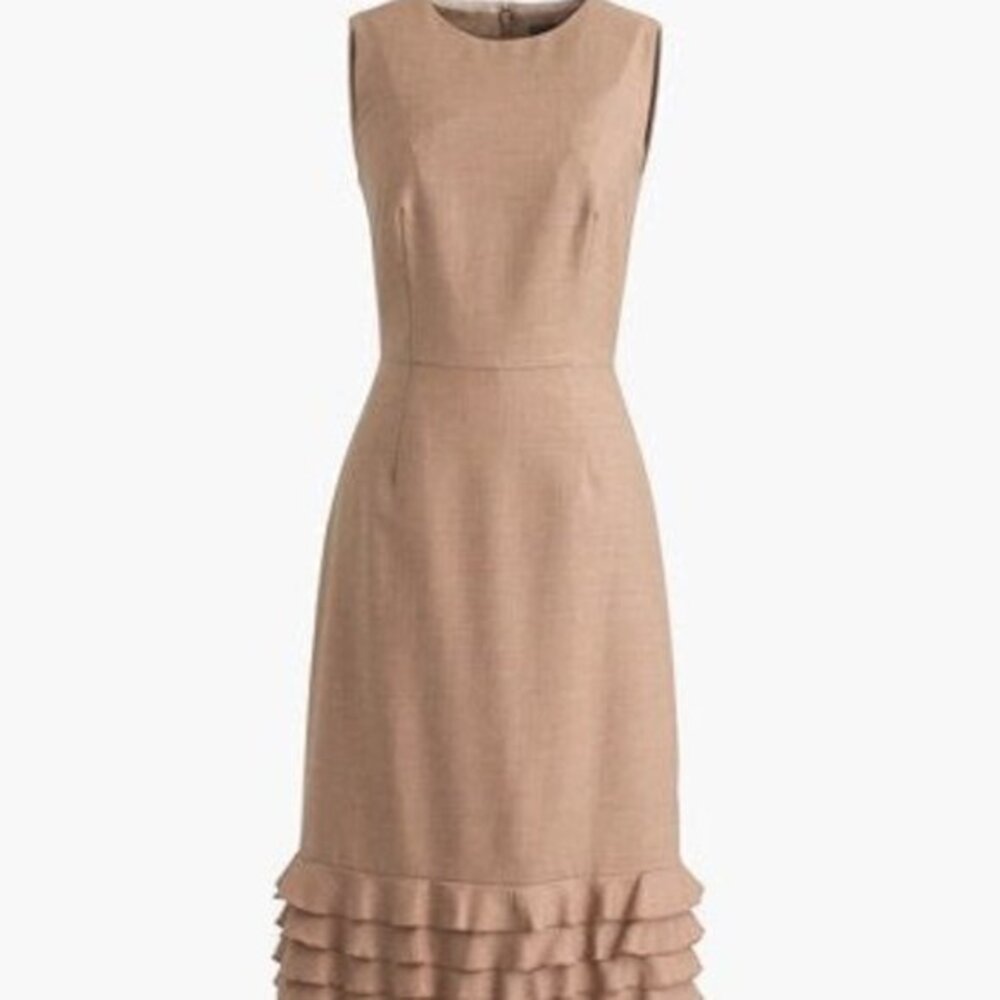 $168 J Crew Women Ruffle Hem Dress in Super 120s Wool Tan Camel size 4